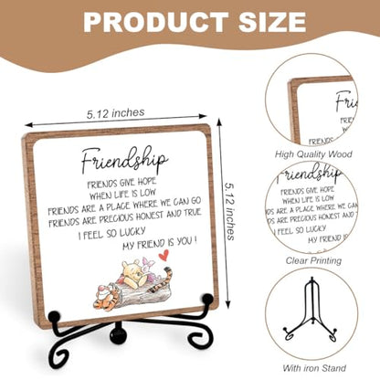 Winnie Friend Gifts for Women Men, Friendship Quotes Decor Keepsake | Heartwarming Appreciation Gifts for Friends, Wooden Sign Iron with Stand Decorations for Home Office Desk Shelf - style: Friendship 02