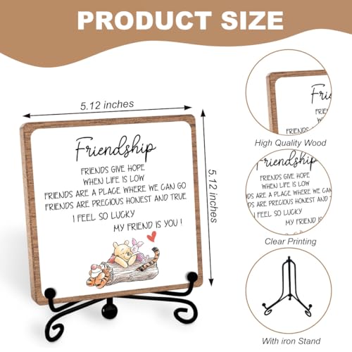 Winnie Friend Gifts for Women Men, Friendship Quotes Decor Keepsake | Heartwarming Appreciation Gifts for Friends, Wooden Sign Iron with Stand Decorations for Home Office Desk Shelf - style: Friendship 02