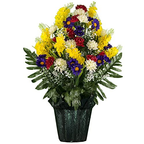 Sympathy Silks Artificial Flowers - Weighted Pot Bouquet Decoration - Outdoor Yard or Porch Décor - Graveside Flowers - Yellow Red Purple Wildflowers in Pot - color: Yellow Red, size: Flowers in Pot