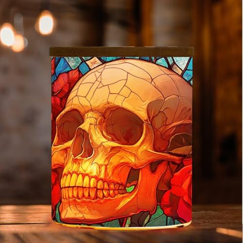Stained Glass Skull Tea Light Candle Jar for Home Decoration, Skull and Roses Tealight Candle Holders Glass Candle Jar with Bamboo Lid, Candle Candlestick for Thanksgiving Christmas Birthday - color: Skull Rose