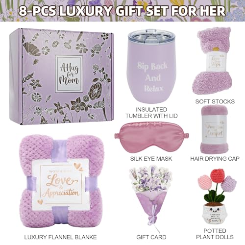 Self Care Gift Basket for Mom with Flannel Blanket, Cup, Socks, Eye Mask, Shower Cap, Get Well Soon Care Package for Women Mom Wife Girlfriend Sister (Purple) - color: Purple