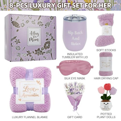 Self Care Gift Basket for Mom with Flannel Blanket, Cup, Socks, Eye Mask, Shower Cap, Get Well Soon Care Package for Women Mom Wife Girlfriend Sister (Purple) - color: Purple