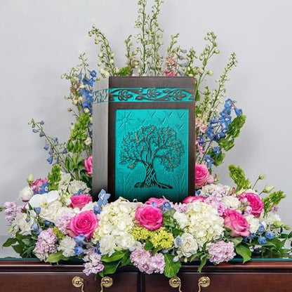 Tree of Life Wooden Urn for Human Ashes, Medium 115 cu in, Teal Green - color: Teal Green, size: Medium (115 cu in)