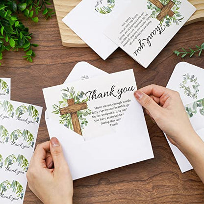 AnyDesign 48Pcs Funeral Thank You Cards Sympathy Thank You Cards with Stickers Envelopes Watercolor Greenery Cross Bereavement Card with Message for Memorial Service Loved Ones Celebration of Life