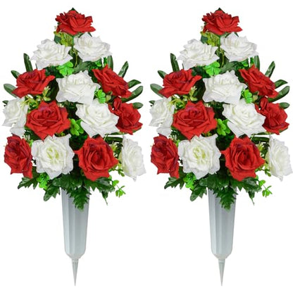 XONOR Artificial Cemetery Flowers, Memorial Rose Flowers Grave Decoration Flower Bouquets with Vase for Cemetery Graveyard Headstones Decor, Set of 2 (Red&White)