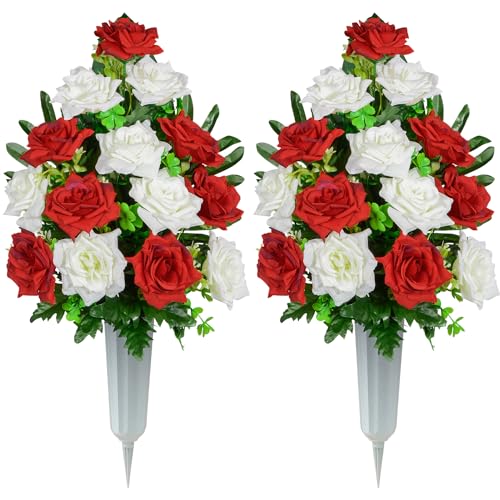 XONOR Artificial Cemetery Flowers, Memorial Rose Flowers Grave Decoration Flower Bouquets with Vase for Cemetery Graveyard Headstones Decor, Set of 2 (Red&White)