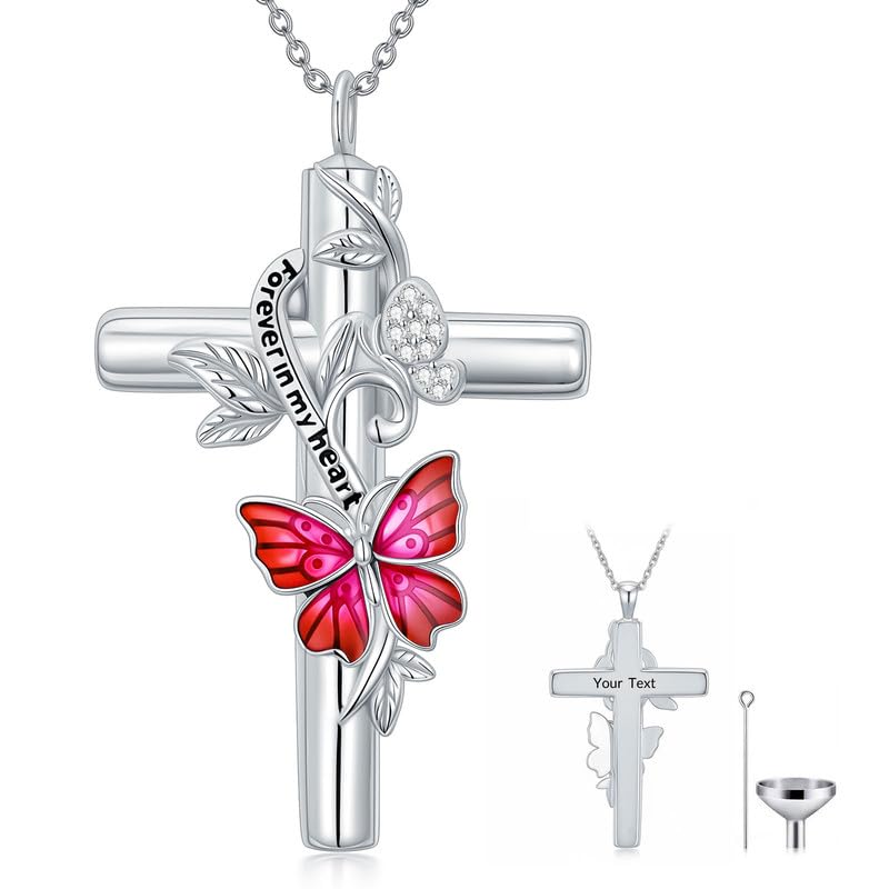 SOULMEET Enamel Butterfly Cross Urn Necklace for Ashes, Cross Moissanite Butterfly Ashes Necklaces with Forever in My Heart Engraved Keepsake Cremation Locket Jewelry for Women Men - color: F-Pink, style: Custom Engraved