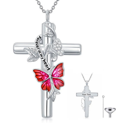 SOULMEET Enamel Butterfly Cross Urn Necklace for Ashes, Cross Moissanite Butterfly Ashes Necklaces with Forever in My Heart Engraved Keepsake Cremation Locket Jewelry for Women Men - color: F-Pink, style: Custom Engraved