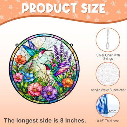 Hummingbirds with Flowers Memorial Suncatcher, 8" Christian Stained Glass Wavy Acrylic, Sympathy Gift for Loss of Loved One, Mom, Dad, Grandma, Family Members, Religious Gifts for Women - color: Hummingbird Round
