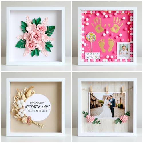 6 Pcs Shadow Box Frame, 8 x 8 Inch Shadow Box White Wood Hollow Photo Frame with Clear Acrylic Front Multipurpose Shadowbox Display Cases for Photos, Dried Flowers, Memorabilia, DIY Craft