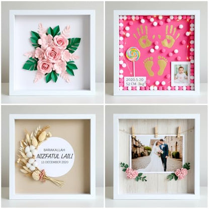 6 Pcs Shadow Box Frame, 8 x 8 Inch Shadow Box White Wood Hollow Photo Frame with Clear Acrylic Front Multipurpose Shadowbox Display Cases for Photos, Dried Flowers, Memorabilia, DIY Craft