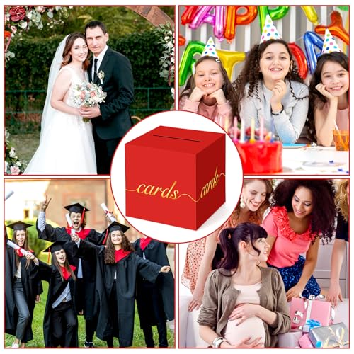 Red Card Box Gold Foil Wedding Favors Gift Card Boxes Post Box Receiving Money Box Holder for Wedding Reception, Baby Showers, Anniversary, Birthday Party, Retirement, Graduation Envelope Holder - color: Red and Gold
