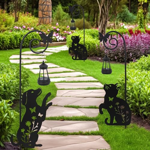 2 Pack Solar Cat Dog Lantern Garden Stakes 28.7in Metal Night Light - color: Black Cat and Dog