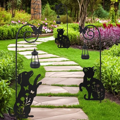 2 Pack Solar Cat Dog Lantern Garden Stakes 28.7in Metal Night Light - color: Black Cat and Dog