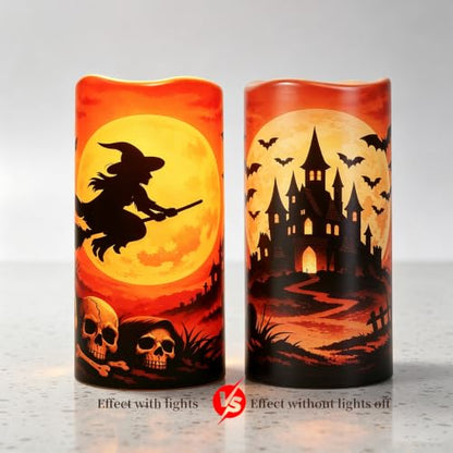Amagic 3"x6" Halloween Flameless Candles, Waterproof LED Pillar Candles - color: Witch + Castle, size: 2 Pack, D3"xH6"