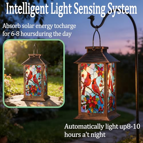 Solar Lanterns Outdoor Waterproof,Garden Decor Metal Hanging Decorative Solar Lights,Mothers Day Gifts,Birthday Gifts for Women Mom Grandma,Gardening Gifts for Yard,Patio, Lawn,Tabletop(Cardinal) - style: Style_ Red Bird