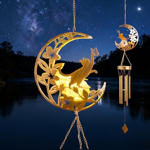 Cat Memories Wind Chime for Outdoor - Moon Design, Handcrafted Aluminum Wind Chimes for Garden Decor, Soothing Wind Bells for Porch/Patio, Perfect Housewarming/Birthday Gift for Women & Cat Owners - color: Cat