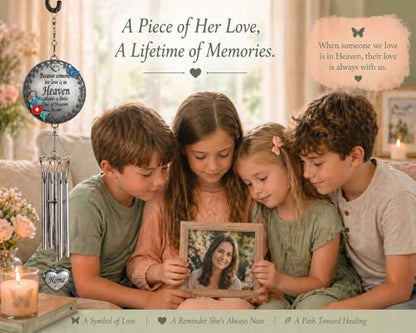 Memorial Wind Chime for Loss of Mom – Sympathy Gift for Loss of Mother, Bereavement Wind Chimes with “Because Someone We Love is in Heaven” Poem, Indoor Outdoor Remembrance Gift, 21 Inch