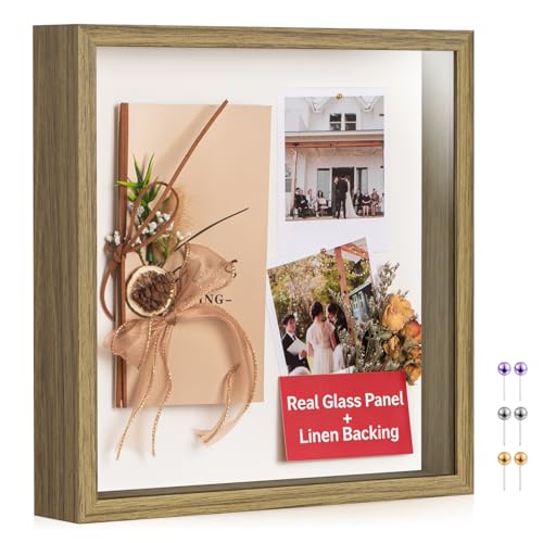 12x12 Shadow Box Frame with Ultra-Clear Glass & Soft Linen Back | With Push Pins and Stand, Deep 1.5" Brown Shadow Box Display Case – Display on Tabletop or Wall for Photo, Wedding, Keepsake - color: Brown+high Definition Panel + Shatter-proof Packaging,