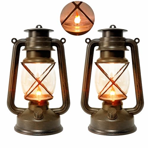 2 Pack LED Vintage Lantern Battery Powered Lanterns with Flame Wick Waterproof Camping Lamp Vintage LED Flame Lamp Hanging Lantern Lights Landscape Patio Garden Pathway Decor for Indoor/Outdoor Use