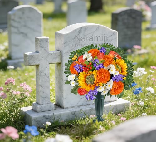 Artificial Cemetery Flowers for Grave Vase - Gravesite Flowers,Fade-Proof Headstone Decorations with Sunflower Rose Lavender Mix Bouquet