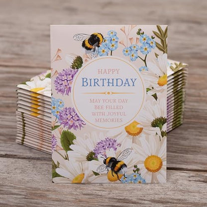 Happy Birthday Bee Forget Me Not Seed Packets - Set of 25 - Thank You Gifts - Wildflower Seeds for Planting - Floral Gifts - Thank You Card - Wild Flowers Bulk - style: Happy Birthday