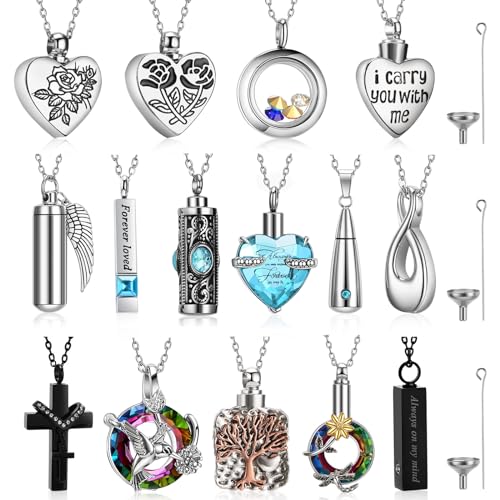 15 Pcs Urn Necklace for Ashes Women Keepsake Cremation Jewelry Stainless Steel Cross Heart Cubic Locket Ashes Necklace for Human Loved One - color: Sky Blue