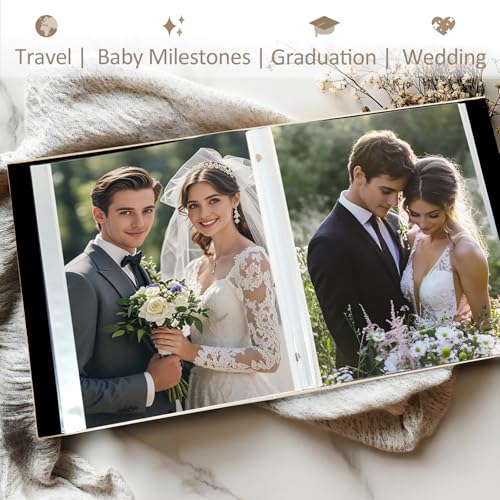Photo Album 8x10 Clear Pages Pockets Leathe Cover Slip Slide in Photo Album Holds 50 Vertical 8x10 Photos Picture Book for Wedding Family (Beige) - color: Beige, size: 50 Pockets/1PK