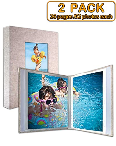GPIRAL Small Photo Album 4x6 – Clear Pages, Linen Cover with Front Window, Pack of 2, Each Album Holds 52 Photos, Small Brag Book for 4x6 Pictures, Beige Fabric - color: Beige, size: 4x6"-2 PACK