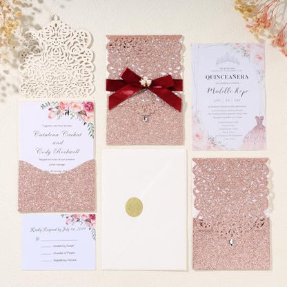 25Pcs Rose Gold Glitter Laser Cut Invitations with RSVP Card and Envelopes - color: Glitter Rose Gold