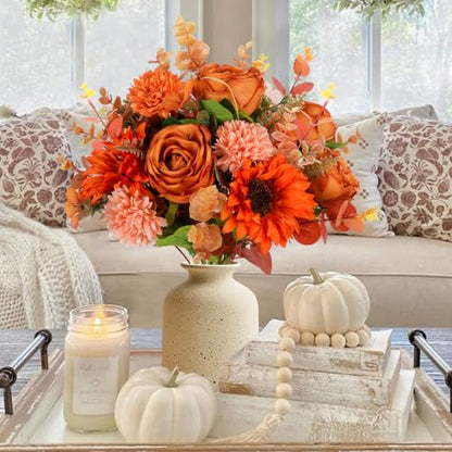 17PCS Fall Flowers Sunflowers Artificial Flowers Fake Rose with Mums - color: Orange