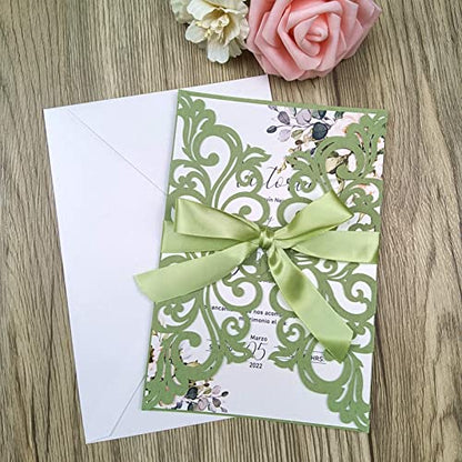 25PCS Laser Cut Wedding Invitations Cards with Envelopes,Blank Inner Sheets,Ribbons for Wedding Bridal Shower Quinceañera Engagement Birthday Invites (matte sage green) - color: matte sage green