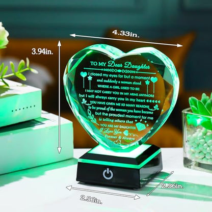YWHL Gifts for Daughter with Colorful LED Base Best Daughter Birthday Gifts from Mom Dad Heart Crystal to My Daughter Gift on Christmas Valentines Mothers Day - color: Daughter Gifts 2+LED