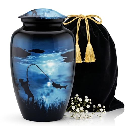 Large Gone Fishing Urn for Human Ashes Adult Male Female - 200 Cubic Inches Decorative Cremation Urn for Dad, Men - Full Size Blue Burial Urn with Velvet Bag and Easy-Fill Funnel - size: Large