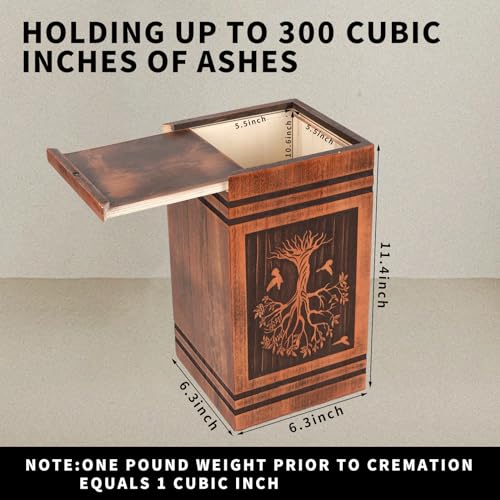 Wooden Cremation Urns for Human Ashes Adult Female Male, Handcrafted Solid Wood TSA Approved Tree of Life Urn for Ashes for Women with Bag, Full Size 300 Cubic Inches Urn (11.4” H)