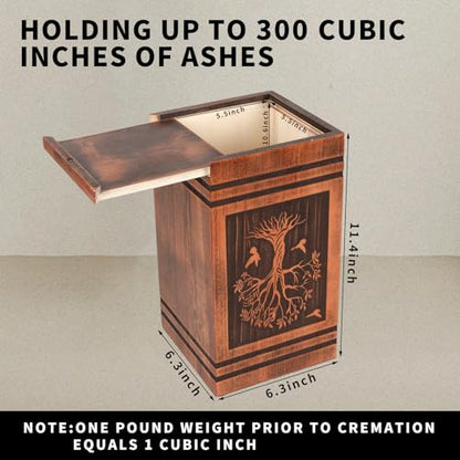 Wooden Cremation Urns for Human Ashes Adult Female Male, Handcrafted Solid Wood TSA Approved Tree of Life Urn for Ashes for Women with Bag, Full Size 300 Cubic Inches Urn (11.4” H)