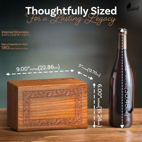 Borders Wooden Urns for Human Ashes Adult Funeral Urn, Wooden Cremation Urns for Ashes Engraving, Wooden Box (L (9x6x5) 185 Cu/in, Custom Border Carved) | Hand-carved solid sheesham rosewood, screw-locked sliding base, engraving available, holds up to 180