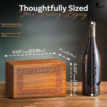 Borders Wooden Urns for Human Ashes Adult Funeral Urn, Wooden Cremation Urns for Ashes Engraving, Wooden Box (L (9x6x5) 185 Cu/in, Custom Border Carved) | Hand-carved solid sheesham rosewood, screw-locked sliding base, engraving available, holds up to 180