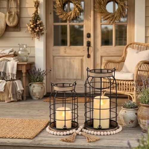Rustic Farmhouse Candle Lantern, 2Pcs Decorative Lantern Decor with Candles | Set of 2 rustic farmhouse lantern set with candles and wood bead accents for fireplace, porch, patio and tabletop decor