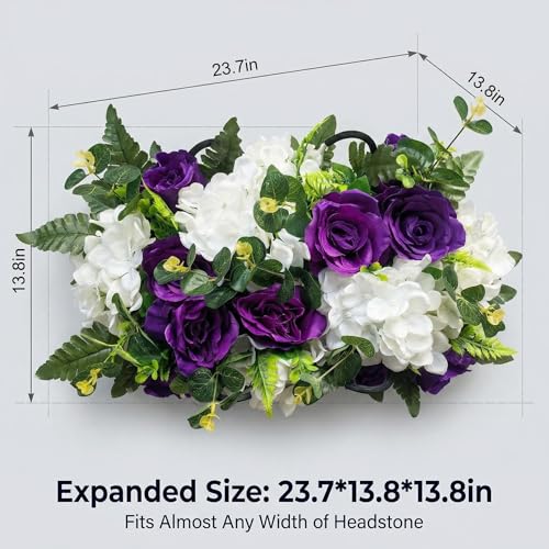 Purple Headstone Flower Saddle,Cemetery Artificial Flowers for Grave Decor