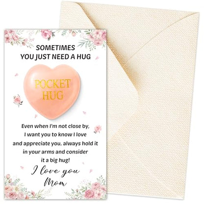 EYxsaxenk Pocket Hug Mother Appreciation Gift - Mini Heart Shaped Pink Crystal Natural Stone Keepsake with Greeting Card Envelope Stress Relief for Women Mother's day Mom Birthday Gift Party Favor - color: Pink
