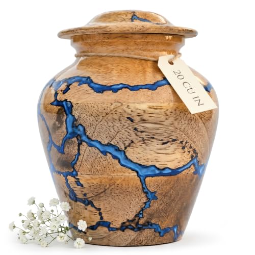 Small Keepsake Urn for Human Ashes, Handmade Wooden Mini Cremation Urn, 20 Cu in, Blue Resin Fractal Burn Design, Decorative Memorial Ashes Keepsake | SharingSmall Portion of Ashes - size: Small