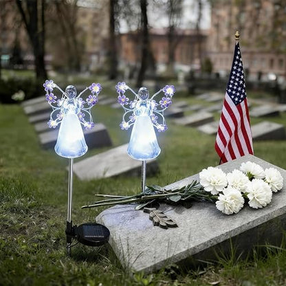 Flumy Angel Solar Lights Outdoor, 2 Packs Purple Solar Powered Garden Stake Lights for Cemetery Grave Decoration, Memorial Gifts for Yard Garden Outside Eternal Lawn Lamp Sympathy Gift