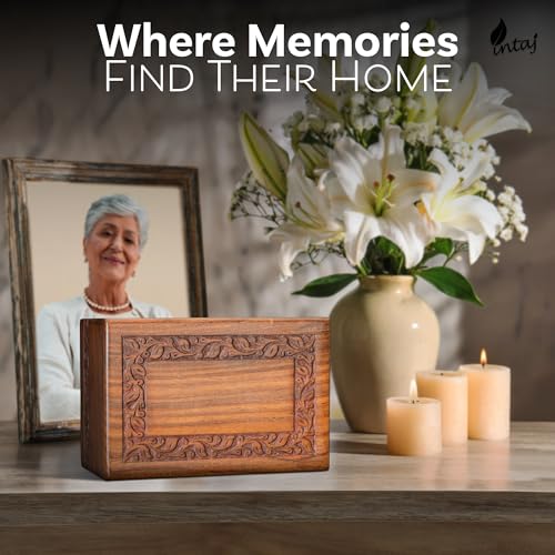 Borders Wooden Urns for Human Ashes Adult Funeral Urn, Wooden Cremation Urns for Ashes Engraving, Wooden Box (L (9x6x5) 185 Cu/in, Custom Border Carved) | Hand-carved solid sheesham rosewood, screw-locked sliding base, engraving available, holds up to 180