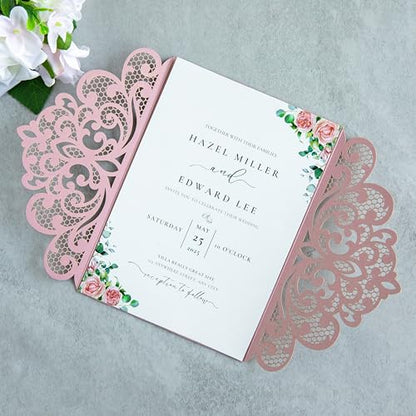 20Pcs Dusty Rose Laser Cut Wedding Invitation Cards With Envelopes - color: Dusty Rose