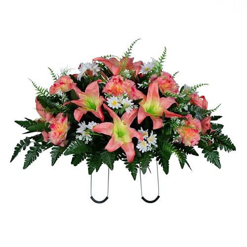 Sympathy Silks 30" Headstone Flower Saddle Artificial Cemetery Flowers - Gravesite Flowers - Peach Lily and Carnation with White Daisies - color: Peach, size: Saddle