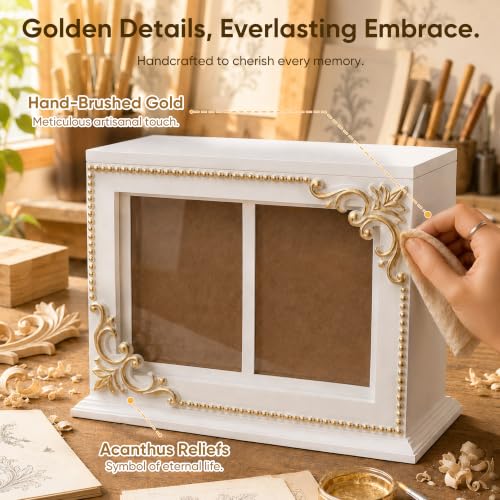 Rococo Acanthus Relief White & Gold Wood Pet Urn, Dogs & Cats Memorial Gift