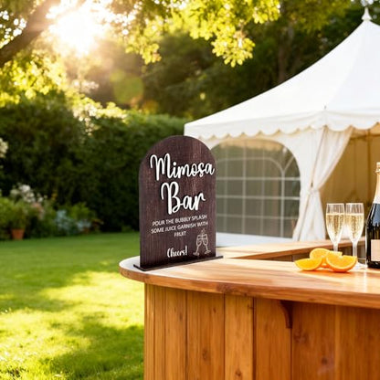 Rustic Wood Mimosa Bar Sign Table Top for Wedding Welcome Table | Modern Calligraphy, Rustic Wooden, Table Top, Wedding Reception and Event Party - color: Brown-Mimosa Bar