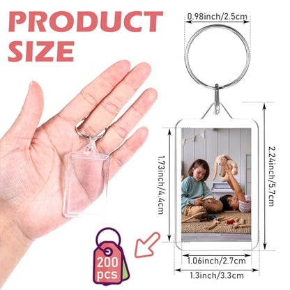 200 Pcs Clear Acrylic Photo Keychain, Transparent Picture Keychain, Blank Photo Insert Keyring, DIY Picture Frame Keyring with Split Ring for Party Gift