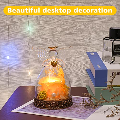 Preserved Real Rose in Glass Angel Figurine with LED Light, Angel Gifts for Women, Mom, Grandma on Mother's Day Christmas Birthday (Yellow) - color: Yellow